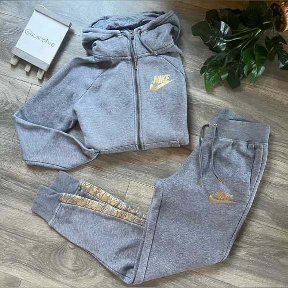 Rare! Nike rally jogger (xs) & zip hoodie (s) set Heathered grey & metallic gold - Picture 1 of 16